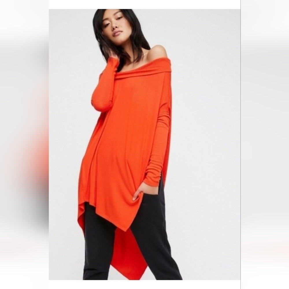Free People We The Free Off Shoulder Oversized Tunic – Orange Hi-Low Top.